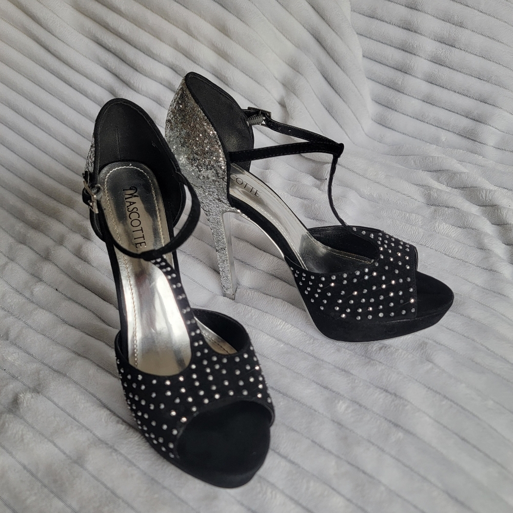 Black and Silver T-Strap Heels with Rhinestone Embellishments